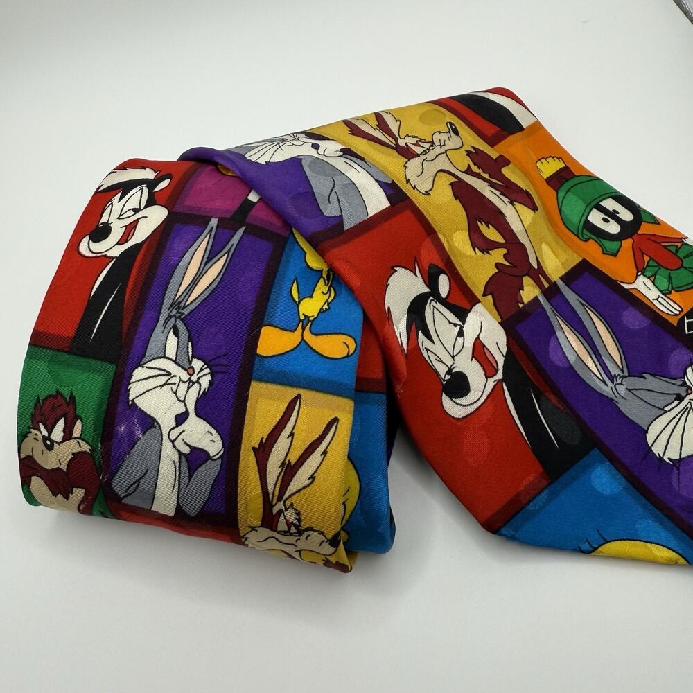 Looney Tunes Tie Silk Colorblock Bugs Bunny, Tasmanian Devil, 90s Y2k Fun Quirky - Picture 3 of 9